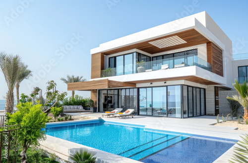 Modern house with pool in Dubai  featuring white walls and wood accents. The exterior includes large windows overlooking the swimming area  surrounded by lush greenery