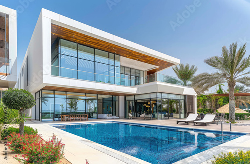 Modern house with pool in Dubai  featuring white walls and wood accents. The exterior includes large windows overlooking the swimming area  surrounded by lush greenery