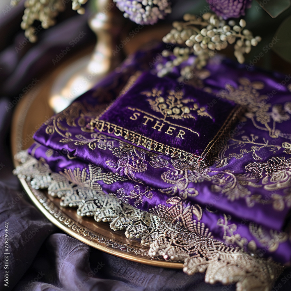 "ESTHER" in a regal purple reflecting the storys royal setting - obrazy, fototapety, plakaty 