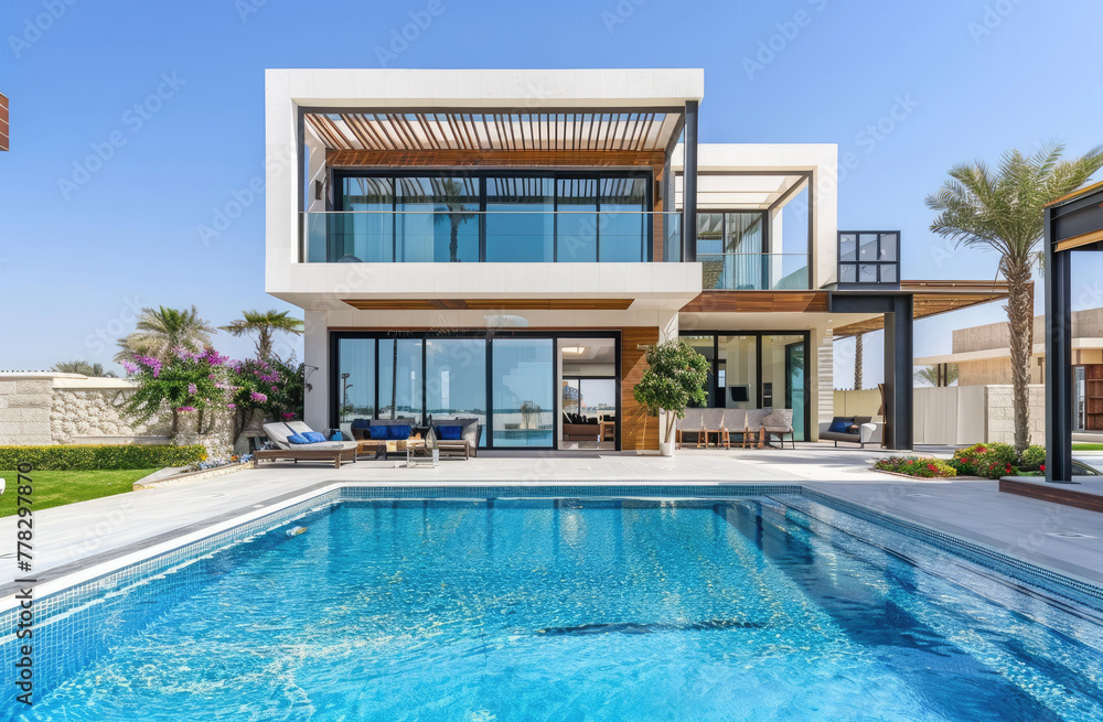 Modern house with pool in Dubai, featuring white walls and wood accents. The exterior includes large windows overlooking the swimming area, surrounded by lush greenery