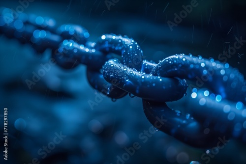 Close-up of wet chain with blue tones