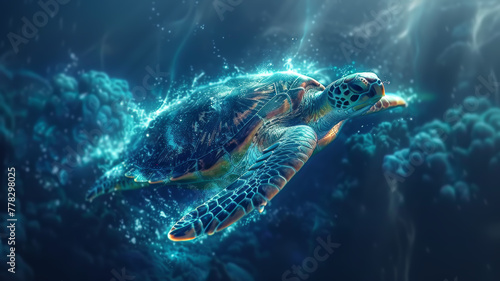A majestic sea turtle glides through a mystical underwater world, illuminated by bioluminescent particles.