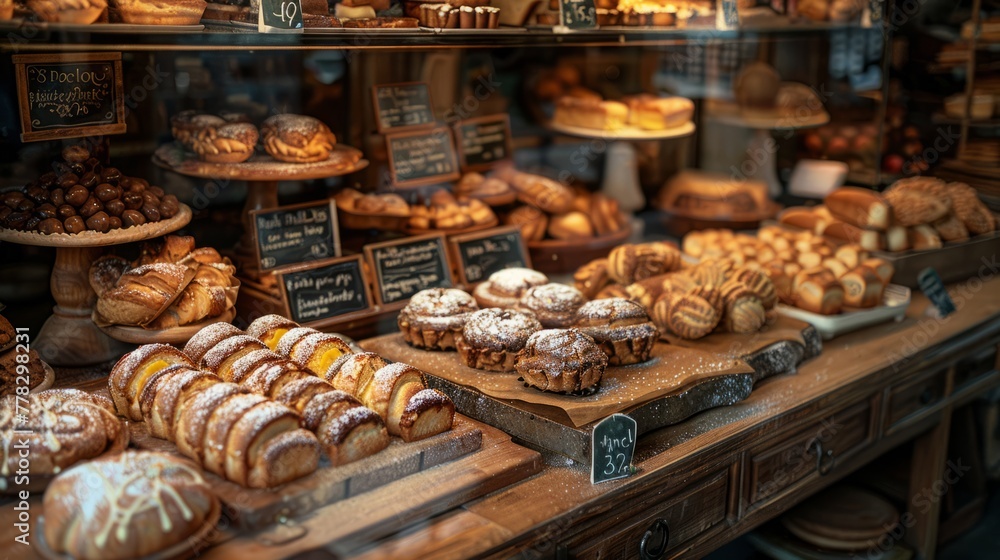 A beautiful bakery shop with freshly baked , offering a wide variety of bread and pastries to choose from.