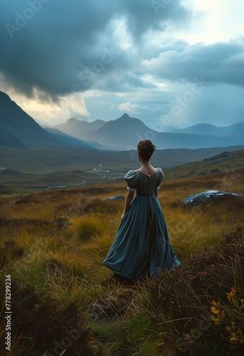 a woman dressed in a long dress standing on a grassy spot, in the scottish landscapes, cinematic sets, mountainous vistas