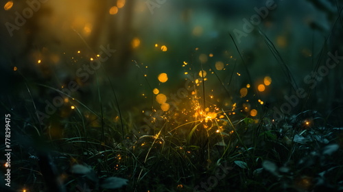 forest illuminated by numerous yellow fireflies buzzing around, creating a magical spectacle of light in the darkness