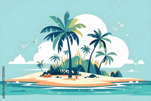 A tropical island paradise with palm trees. Flat design concept illustration