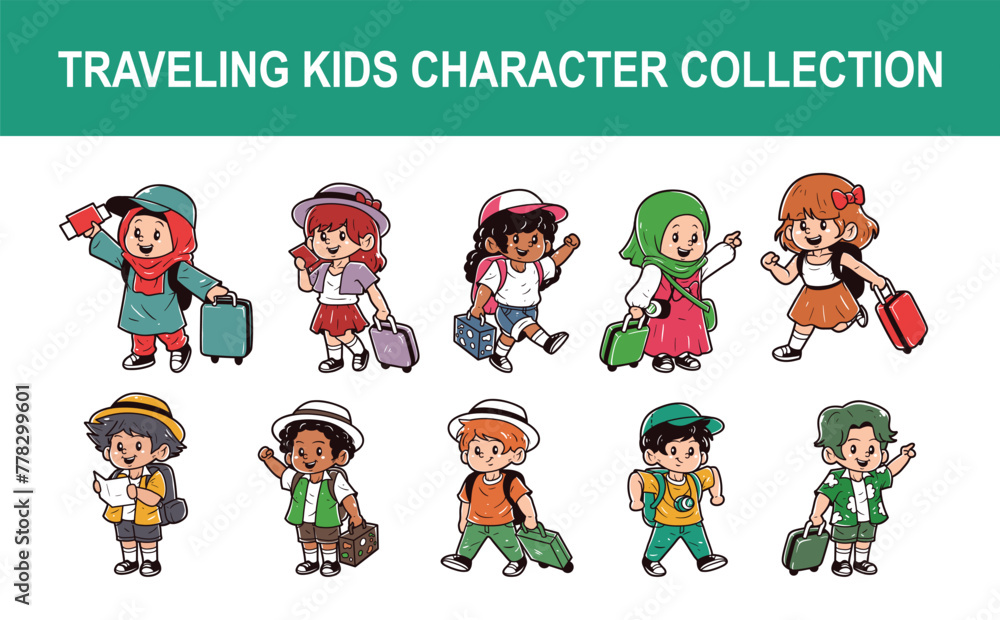 Fototapeta premium Kids character traveling vector illustration set