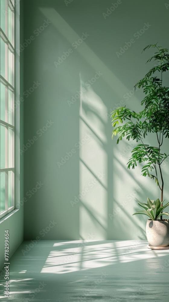 Empty room with a tree in a pot. Green wall and big window. Sunlight coming in and making beautiful shades. Copy space. Product placement. Empty room with a tree in a pot. Green wall and big window. Sunlight coming in and making beautiful shades. Copy space. Product placement.