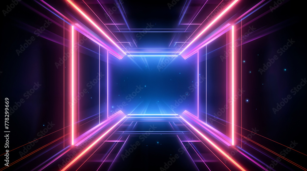 Neon lights futuristic abstract background, glowing laser, night club stage and gaming style concept