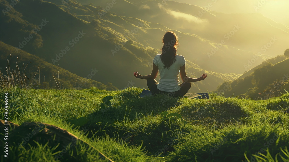 Serene Woman Practicing Yoga on Lush Green Hillside at Sunrise. Tranquil Morning Bliss - obrazy, fototapety, plakaty 