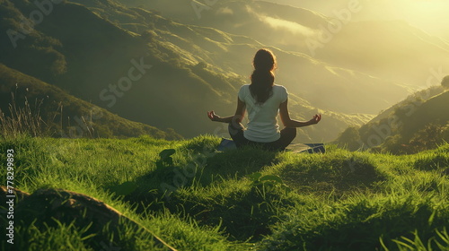 Serene Woman Practicing Yoga on Lush Green Hillside at Sunrise. Tranquil Morning Bliss