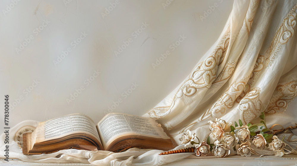 A banner design featuring a Tallit draped elegantly with a prayer book open nearby and a Shofar placed at the side - obrazy, fototapety, plakaty 