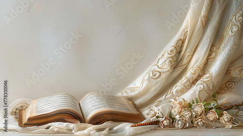 A banner design featuring a Tallit draped elegantly with a prayer book open nearby and a Shofar placed at the side