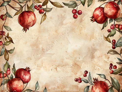 A charming Rosh Hashanah design featuring hand-drawn pomegranate branches in a rustic earthy red