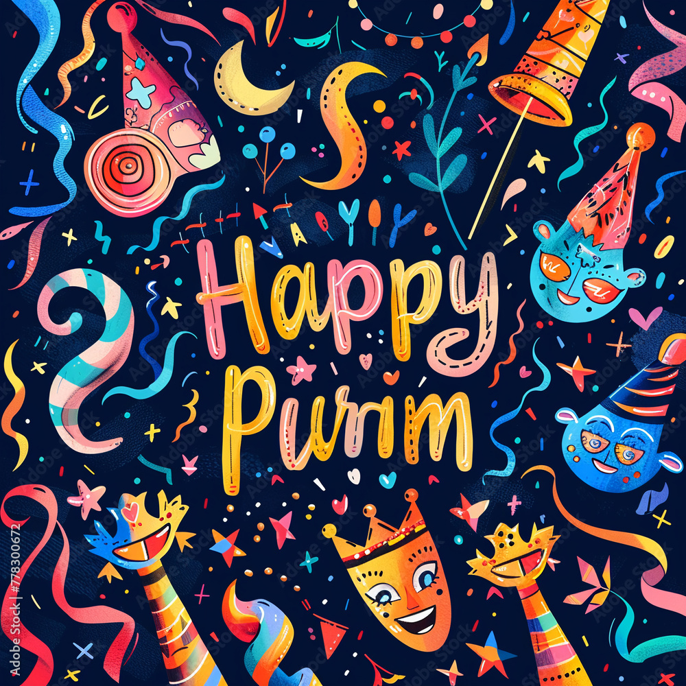 Fototapeta premium A funfair-themed Purim greeting card with whimsical carnival masks twirling streamers