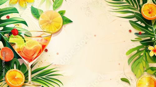 Fruit cocktail and tropical leaves on a pastel background  a summer banner template for menu design or advertising card with a drink bar party illustration vector