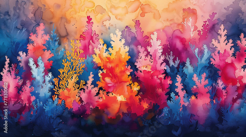 Paysage marin à l'aquarelle, fonds marins colorés avec algues, corail, faune et flore de l'océan, illustration de la mer sous l'eau  photo