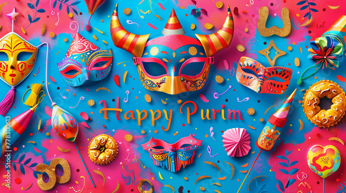 A festive Purim banner with colorful carnival masks noisemakers photo