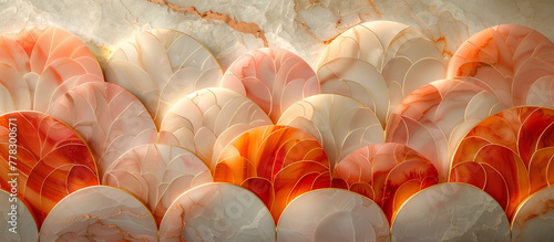 Arrière-plan en marbre blanc et orange de style art déco représentant des coquillages ou écailles, en demi-cercles, textures et reliefs, image 3D, dégradé du pêche au orange photo