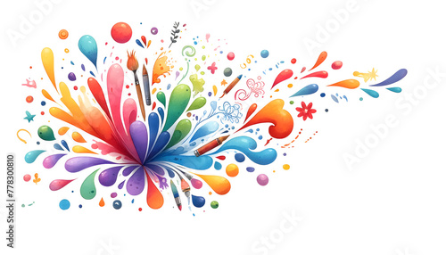 Bright colorful watercolor splash splatter stain brush strokes on white background.