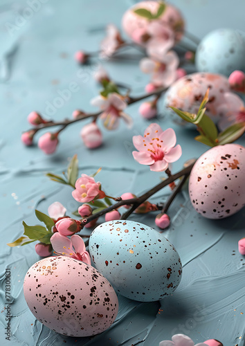 Easter greeting card, spring blossom and Easter eggs on a postal card template, soft colour background, postal size standard 105:148, printable graphic source