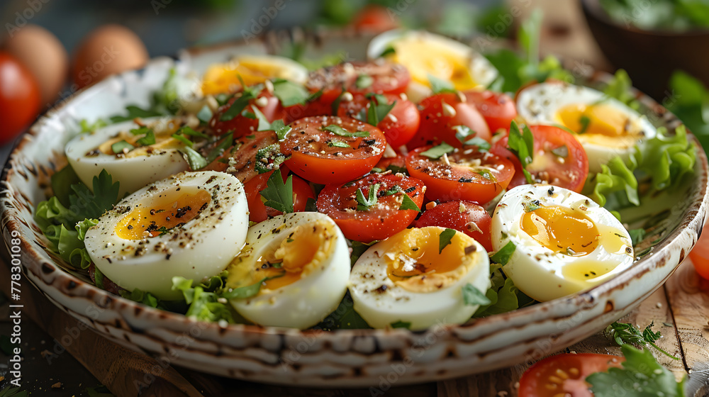 Boiled Egg Salad on a Decorated Table with Fresh Greens Boiled Egg Salad on a Decorated Table with Fresh Greens