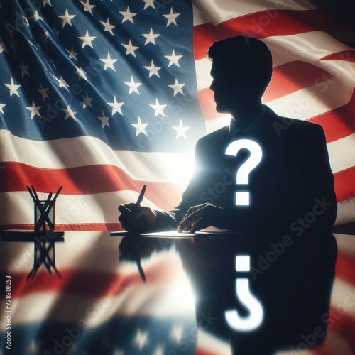 Symbolic illustration of a silhouette of a man with a pencil in his hands reflected from the surface of the table and a waving USA flag in the background as a symbol of the presidential election photo