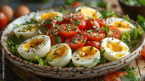 Boiled Egg Salad on a Decorated Table with Fresh Greens