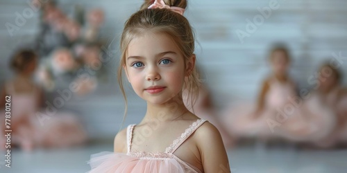 In a studio setting, a cute, elegant girl poses in a pink lace dress, embodying the innocence of childhood.