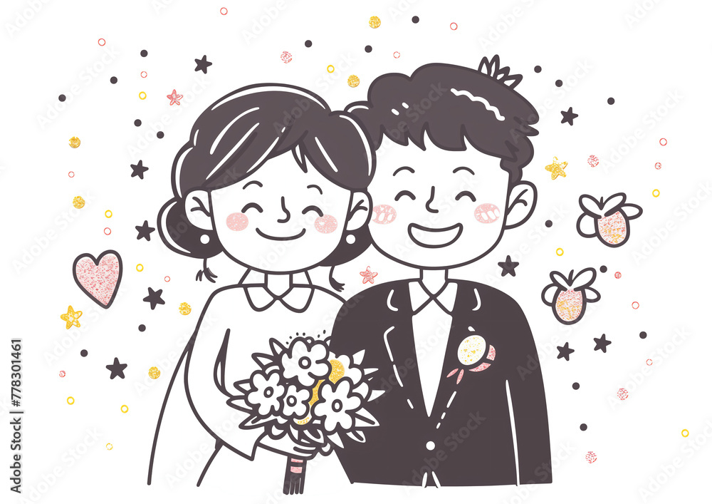 Simplified line art style illustration of a bride and groom smiling at the camera with confetti around them Simplified line art style illustration of a bride and groom smiling at the camera with confetti around them