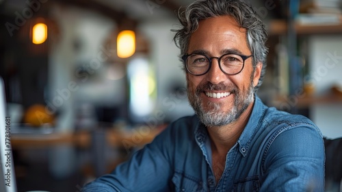 Portrait of big smiling mature man in eyeglasses in coffee shop