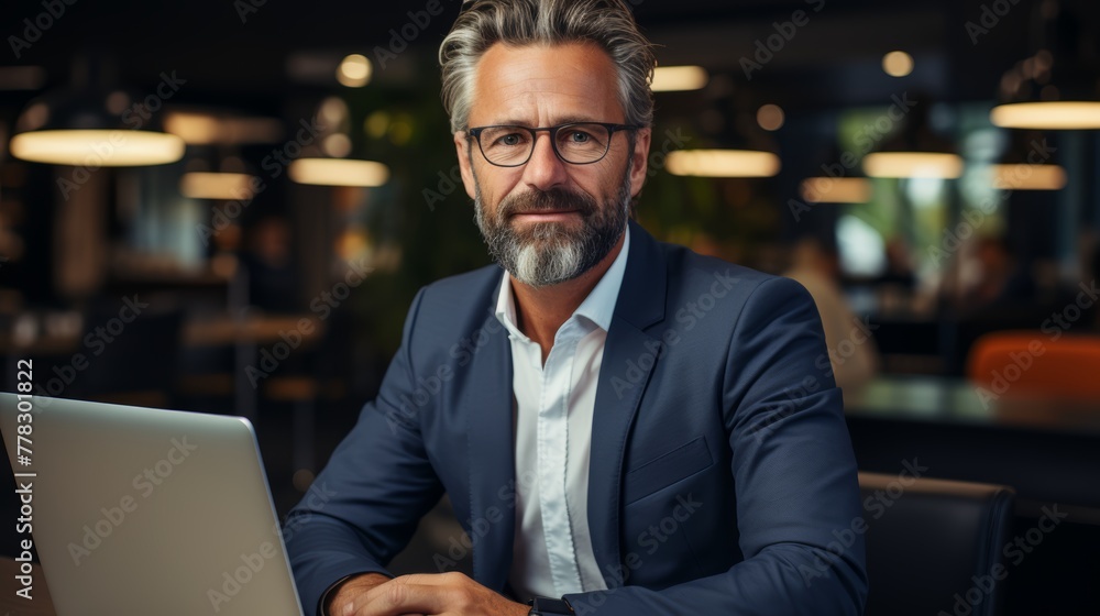 Portrait of mature businessman working on laptop in cafe, Businessman wearing suit and eyeglasses Portrait of mature businessman working on laptop in cafe, Businessman wearing suit and eyeglasses