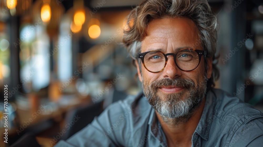 Portrait of smiling mature man in eyeglasses in coffee shop looking at the camera Portrait of smiling mature man in eyeglasses in coffee shop looking at the camera
