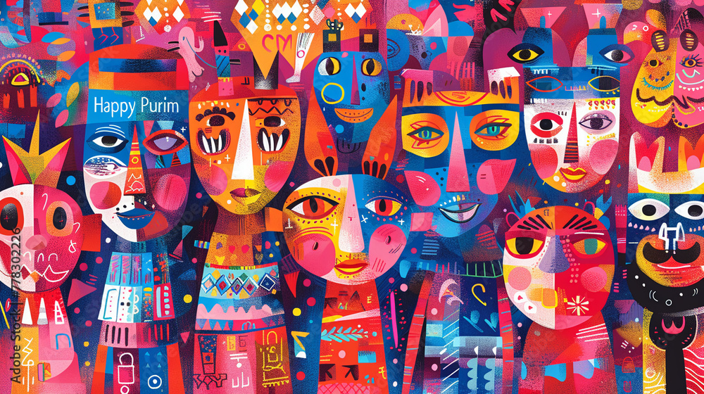 A Purim greeting card with a patchwork of colorful masks festive motifs