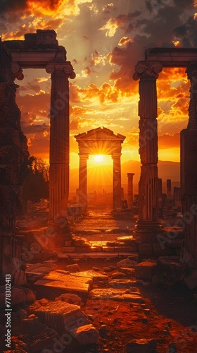 Captivating Sunset at Ancient Ruins History Bathed in Golden Light Enchanting Architectural Wonders Ethereal Atmospheric Landscape