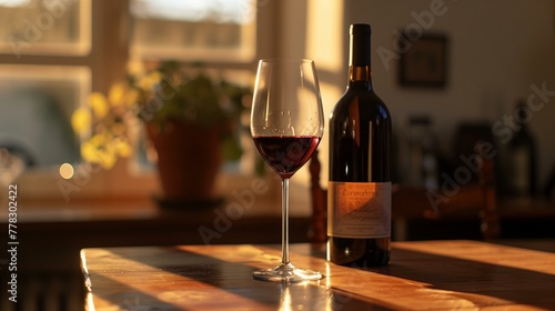 bottle of red wine and a glass on the table, in front is a window with sunlight shining through it, creating a warm atmosphere