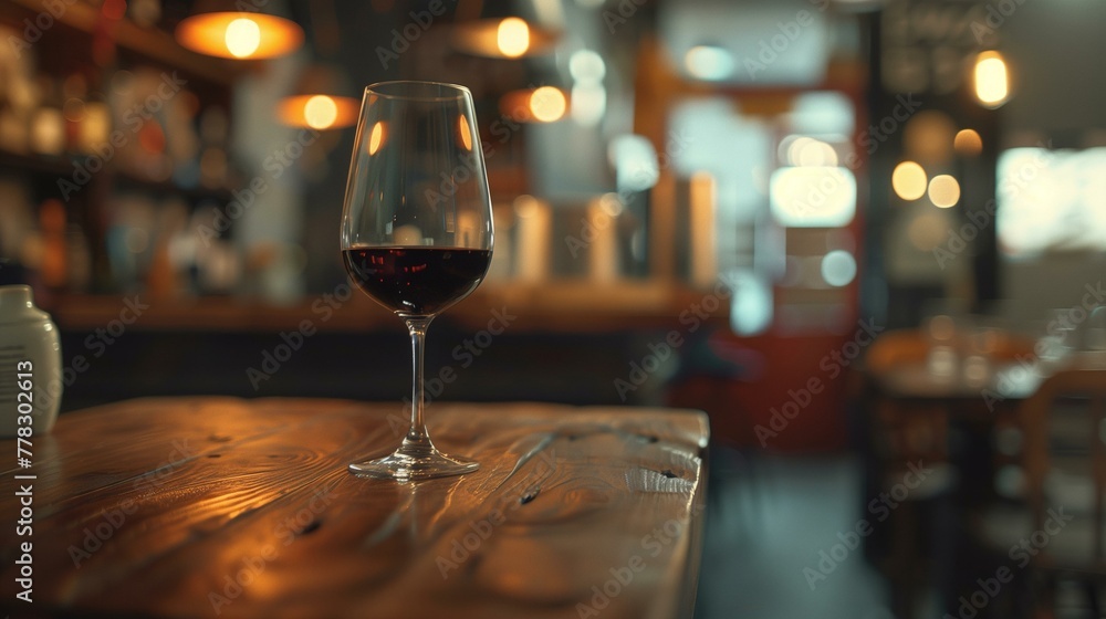 Half-filled Wine Glass on Wooden Table in cafe Setting