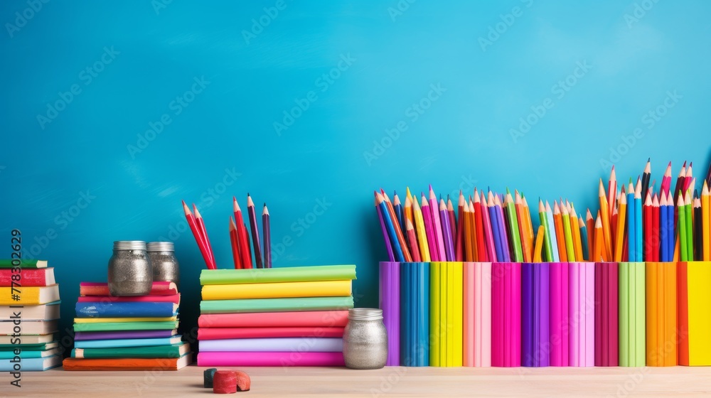 Obraz premium Vibrant back to school background with colorful pencils, books, and stationery arranged in a creative composition, school, education, creativity, stationery.