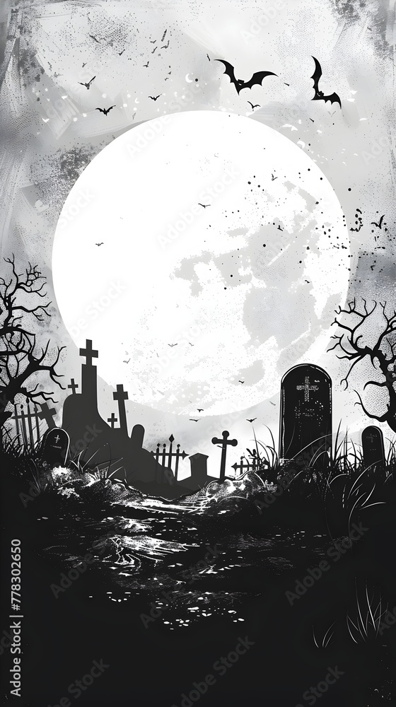 Moonlit Gothic Graveyard with Looming Bats and Silhouetted Gravestones Offering an Ambiance of Haunting Tales and Supernatural Mystery