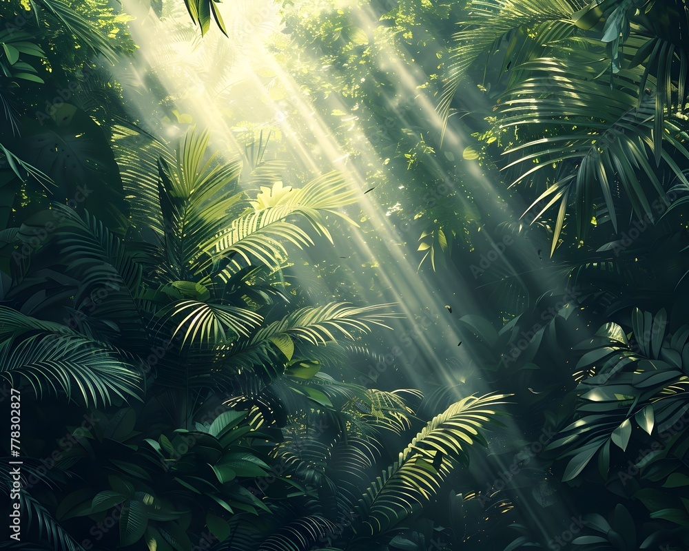 Sunlight Filtering Through a Lush Rainforest Canopy Casting a Mosaic of Light and Shadow