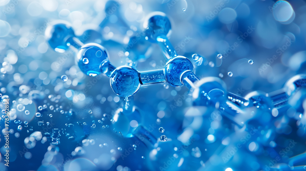 A close-up visualization of the molecular structure of water, highlighted by a shimmering blue bokeh background, emphasizing the beauty of science. A close-up visualization of the molecular structure of water, highlighted by a shimmering blue bokeh background, emphasizing the beauty of science.