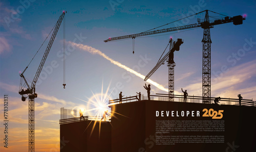 2025 Black silhouette of staff works as a team to prepare to welcome the New Year 2025. Business in the New Year 2025. Silhouette of construction worker with crane. Developer Vector illustration.