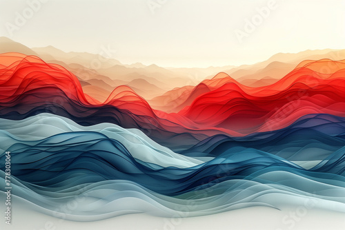 Abstract wavy background with red, white and blue waves on a white background, 3D render illustration, generative ai