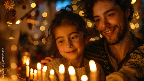 A warm scene of a family lighting the menorah on a Hanukkah evening with candles casting a soft glow on smiling faces