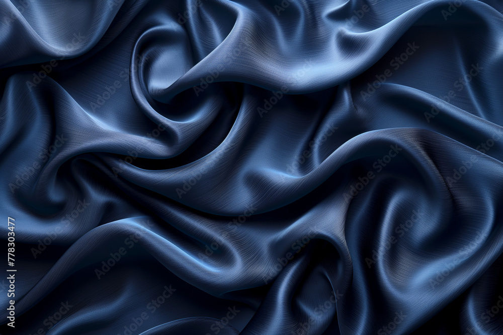 Closeup of rippled blue satin fabric, elegant navy blue silky shiny drapery, abstract background, generative ai Closeup of rippled blue satin fabric, elegant navy blue silky shiny drapery, abstract background, generative ai