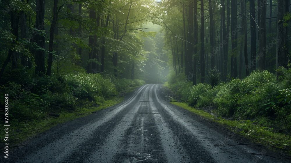 A wet, winding road disappears into the mist of a dense, green forest, evoking a sense of mystery and exploration in the peaceful wilderness. A wet, winding road disappears into the mist of a dense, green forest, evoking a sense of mystery and exploration in the peaceful wilderness.