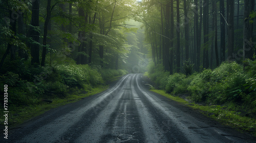 A wet, winding road disappears into the mist of a dense, green forest, evoking a sense of mystery and exploration in the peaceful wilderness.