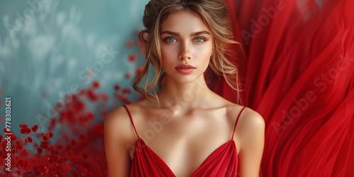 Wallpaper Mural In a luxurious red dress, a beautiful woman poses mesmerizingly against a silk background. Torontodigital.ca