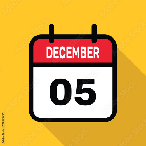 December 05 Calendar icon with long shadow. Flat style. Vector illustration.