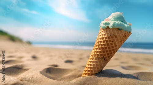 Close up of a cyan Ice Cream Cone at the Beach. Beautiful Summer Vacation Background